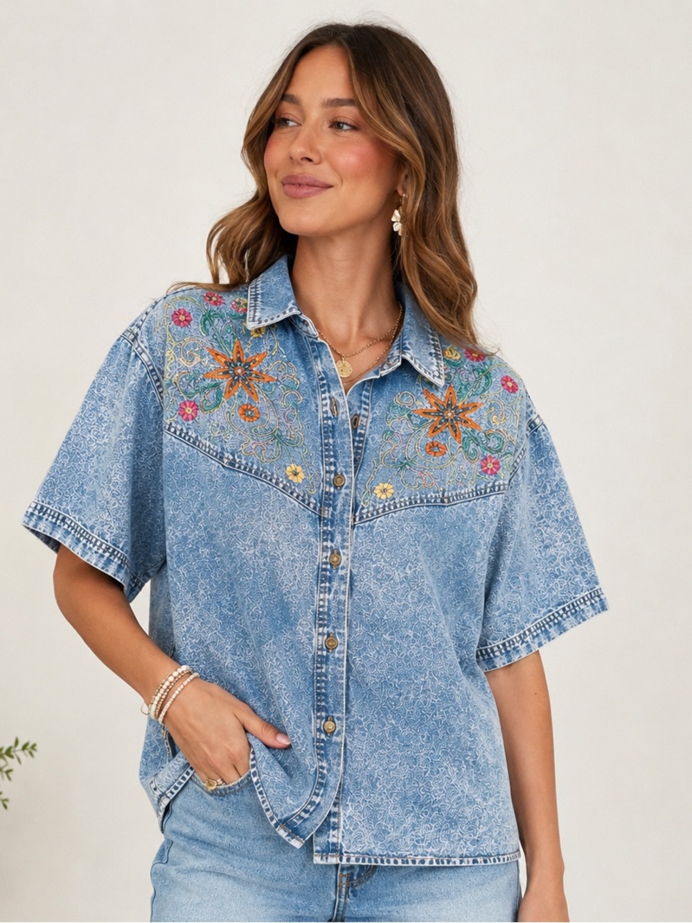 Patty Bleu Vintage Beaded Embroidered Denim Western Shirt Women’s M